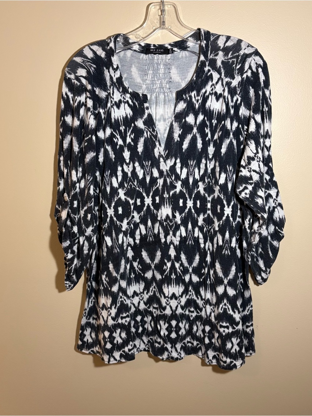 Max Jeans Black and White Ikat Print Tunic Blouse Size-1X